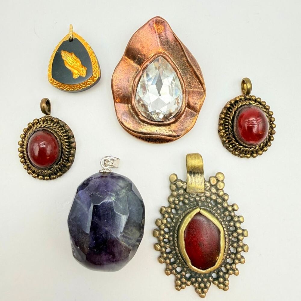 Lot 6 Vintage Ethnic Tribal Pendants Amethyst Brass Etched Glass Prayer Crystal